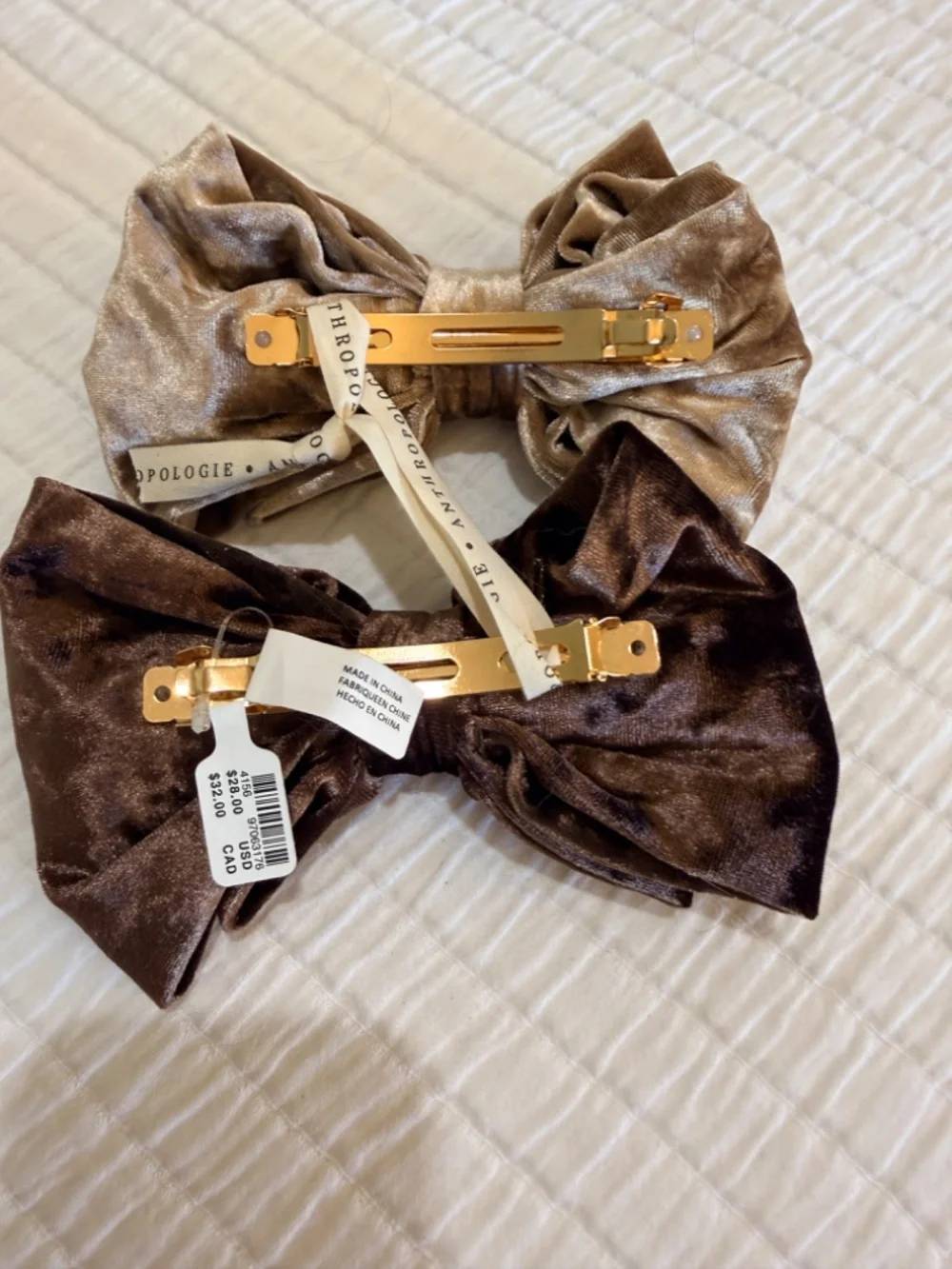 NWT Anthropologie Velvet Hair Bow Barette Set Brown